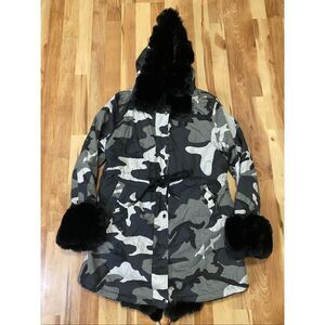 ASA Faux Fur Puffer Jacket Gray Camo Print Oversized Hooded Coat New Small